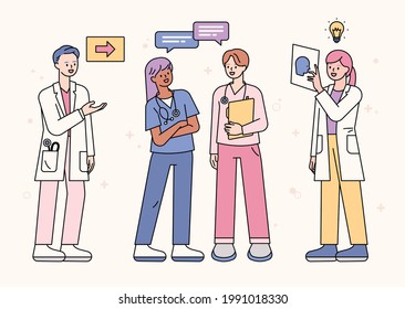 A set of doctor characters in uniform having a conversation. outline simple vector illustration.