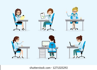 Set of Doctor or dentist on workplace,successful medical caucasian female characters in different poses - front,back and profile views,isolated on white background,flat vector illustration