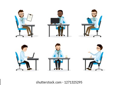 Set of Doctor or dentist on workplace,successful medical male characters in different poses - front and profile views,isolated on white background,flat vector illustration
