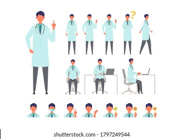 Set of doctor man in lab coat in different poses. Working, standing, pointing and sitting. Vector illustration in flat style.