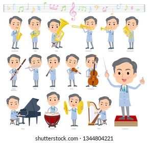 A set of doctor man on classical music performances.There are actions to play various instruments such as string instruments and wind instruments.It's vector art so it's easy to edit.
