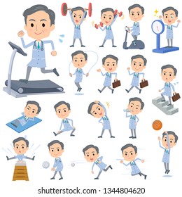 A set of doctor man on exercise and sports.There are various actions to move the body healthy.It's vector art so it's easy to edit.
