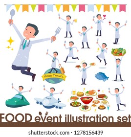 A set of doctor man on food events.There are actions that have a fork and a spoon and are having fun.It's vector art so it's easy to edit.