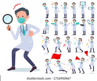 A set of doctor man wearing N95mask with digital equipment such as smartphones.There are actions that express emotions.It's vector art so it's easy to edit.
