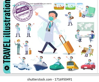 A set of doctor man wearing N95mask on travel.There are also vehicles such as boats and airplanes.It's vector art so it's easy to edit.