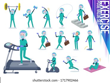 A set of doctor man wearing N95mask face shield on exercise and sports.There are various actions to move the body healthy.It's vector art so it's easy to edit.