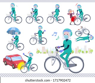 A set of doctor man wearing N95mask face shield riding a city cycle.There are actions on manners and troubles.It's vector art so it's easy to edit.