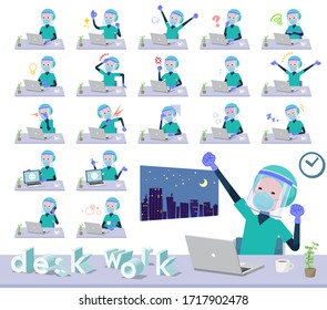 A set of doctor man wearing N95mask face shield on desk work.There are various actions such as feelings and fatigue.It's vector art so it's easy to edit.