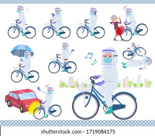 A set of doctor man wearing protective suit riding a city cycle.There are actions on manners and troubles.It's vector art so it's easy to edit.