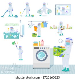 A set of doctor man wearing protective suit related to housekeeping such as cleaning and laundry.It's vector art so it's easy to edit.