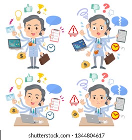 A set of doctor man who perform multitasking in the office.There are things to do smoothly and a pattern that is in a panic.It's vector art so it's easy to edit.

