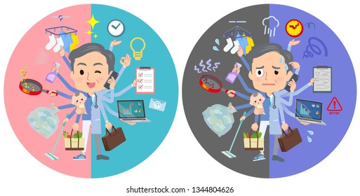 A set of doctor man who perform multitasking in offices and private.There are things to do smoothly and a pattern that is in a panic.It's vector art so it's easy to edit.
