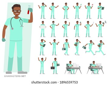 Set of Doctor man working character vector design. Presentation in various action with emotions, running, standing and walking. 