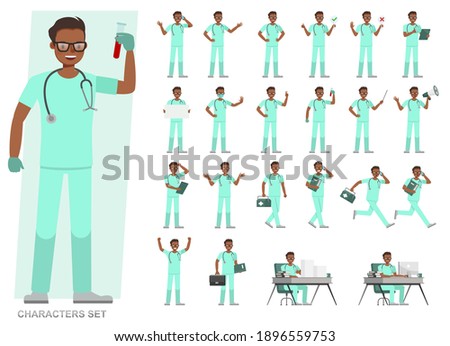 Set of Doctor man working character vector design. Presentation in various action with emotions, running, standing and walking. 