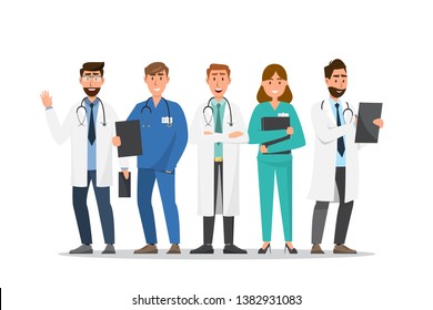 Set Of Doctor And Nurse Cartoon Characters. Medical Staff Team Concept In Hospital. Vector Illustration