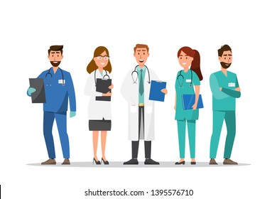 Set Of Doctor And Nurse Cartoon Characters. Medical Staff Team Concept In Hospital. Vector Illustration