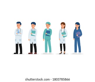 Set of doctor and nurse cartoon characters. Medical staff team concept in hospital. vector illustration