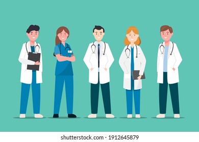Set of doctor and nurse cartoon characters. Medical staff team concept in hospital. vector illustration
