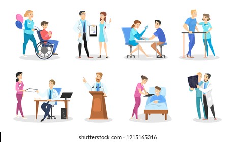 Set of doctor and nurse characters with various poses, face emotions and gestures. Medicine workers talking with patients. Isolated vector illustration in cartoon style