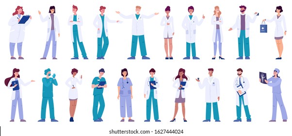 Set of doctor and nurse characters with various poses, face emotions and gestures. Medicine workers talking with patients. Isolated vector illustration in cartoon style