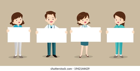 Set Of Doctor And Nurse Holding Blank Paper. Coronavirus Quarantine Concept.Smiling Nurse Or Doctor Wearing Medical Uniforms Holding Empty Posters.