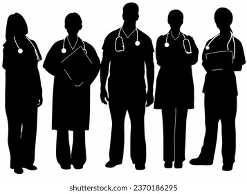 Set of doctor and nurse hospital worker icon silhouettes, on white background