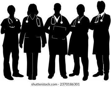 Set of doctor and nurse hospital worker icon silhouettes, on white background