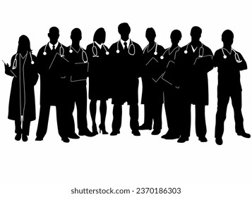 Set of doctor and nurse hospital worker icon silhouettes, on white background