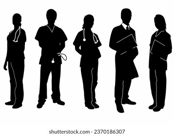 Set of doctor and nurse hospital worker icon silhouettes, on white background