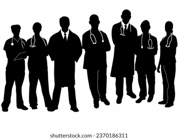 Set of doctor and nurse hospital worker icon silhouettes, on white background