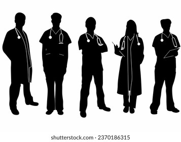 Set of doctor and nurse hospital worker icon silhouettes, on white background