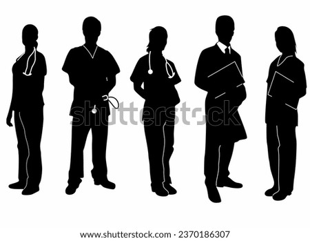 Set of doctor and nurse hospital worker icon silhouettes, on white background