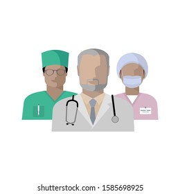 Set of doctor and nurse, male and female, midwife. Color flat image avatars. doctor with stethoscope, in uniform, wearing protective bandage on face and hair cap, with badge. Nurse's day, health care