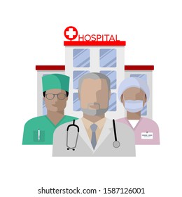 Set of doctor and nurse, midwife. Against the hospital. Color flat image. doctor with stethoscope, in uniform, with protective bandage on his face and hair cap, with badge. Nurse's day, health care