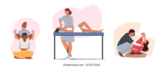 Set Doctor Osteopath Making Massage to Patient, Character Help Improve Health, Professional Healer Adjust Spine Of Woman Sit On Floor and Lying on Couch in Cabinet. Cartoon People Vector Illustration