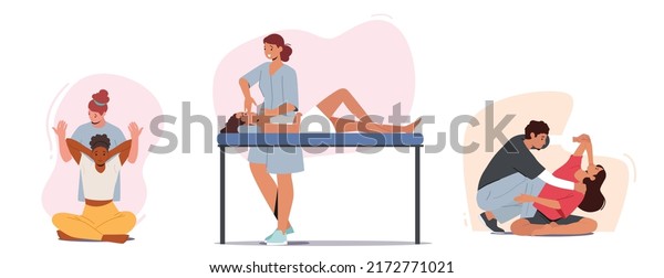 Set Doctor Osteopath Making Massage to\
Patient, Character Help Improve Health, Professional Healer Adjust\
Spine Of Woman Sit On Floor and Lying on Couch in Cabinet. Cartoon\
People Vector Illustration