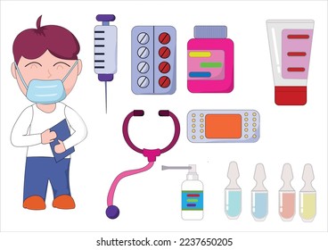 Set of doctor and pills collection.Bottles of drugs.tablets,capsules vitamins. Vector flat physician and health style.