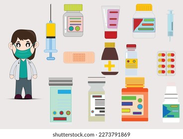 Set of doctor and pills collection.Bottles of drugs.tablets,capsules vitamins. Vector flat physician and health style.