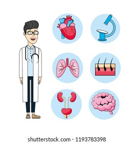 set doctor with stethoscope and medical treatment