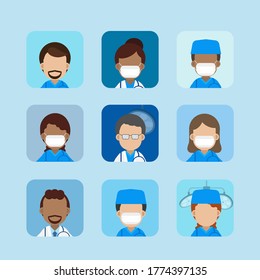 Set of doctor and surgeon avatars flat design vector illustration