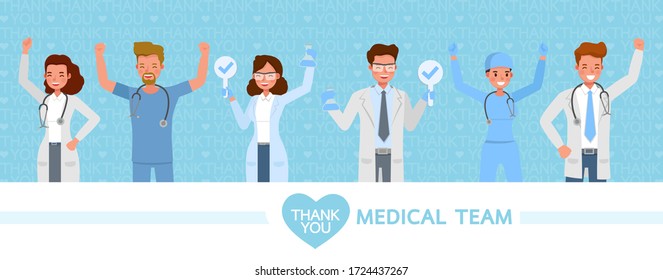 Set of doctor wear medical mask. Thank you medical team. Coronavirus quarantine concept character vector design.