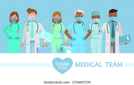 Set of doctor wear medical mask. Thank you medical team. Coronavirus quarantine concept character vector design.