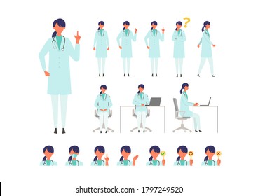 Set of doctor woman in lab coat in different poses. Working, standing, pointing and sitting. Vector illustration in flat style.