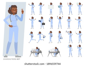 Set of doctor woman working character vector design. Presentation in various action with emotions, running, standing and walking. 