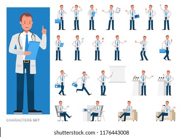 Set of Doctor working character vector design. Presentation in various action with emotions, running, standing and walking.