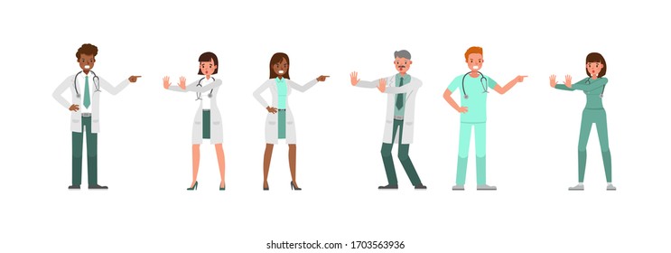 Set von Vektorillustration für die Arbeit des Arztes. Präsentation in verschiedenen Action mit Emotionen.