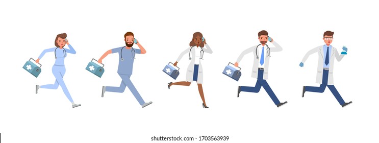 Set of Doctor working character vector design. Presentation in various action with emotions.