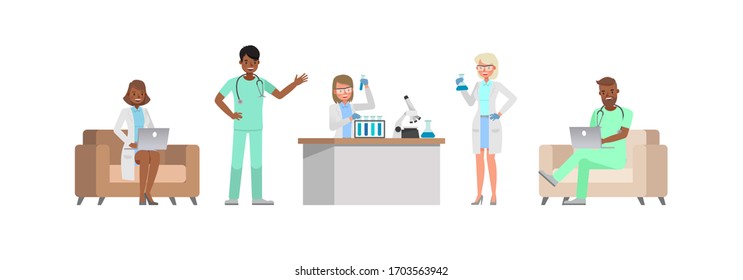 Set of Doctor working character vector design. Presentation in various action with emotions.