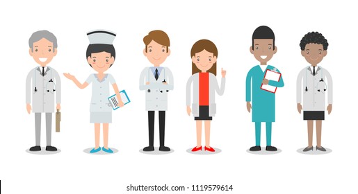 set of doctor,nurses,medicine staff in flat style isolated on white background. Hospital medical staff team doctors nurses surgeon, Group of doctors and nurses and medical staff Vector illustration.