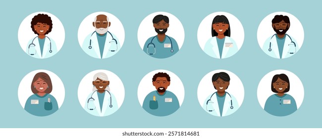 Set of doctors avatars. Concept of medicine, healthcare, clinic, assistance, team. Vector hand drawn cliparts of doctors.